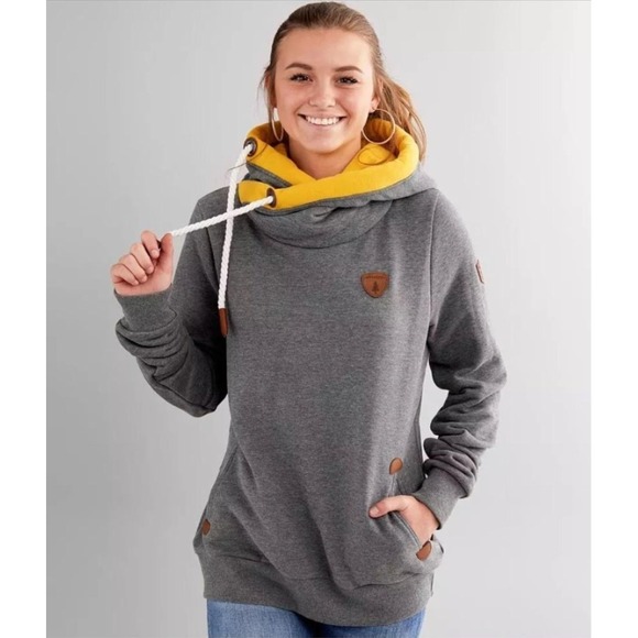 Wanakome Tops - Wanakome Hoodie Womens Medium Gray Yellow Cowl Neck Fleece Pullover Pockets